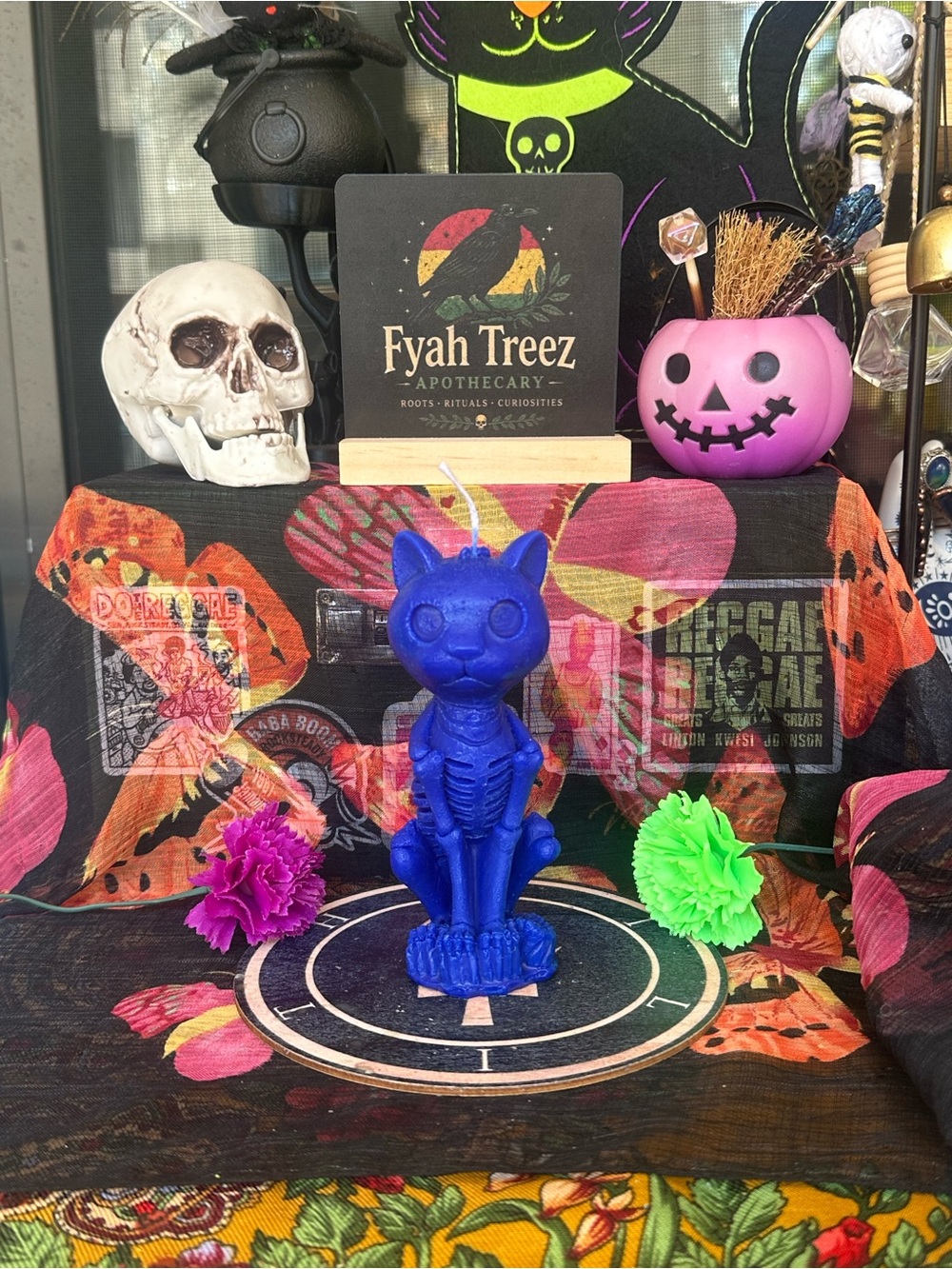 Handmade Blue Skeleton Cat Candle – Gothic Cat Figurine Candle